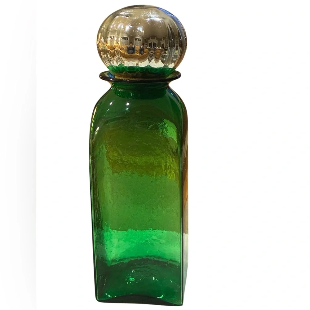 Green Glass Container/VaseHuge NWOT Silver Lid Cork Stopper use for Pantry Pasta